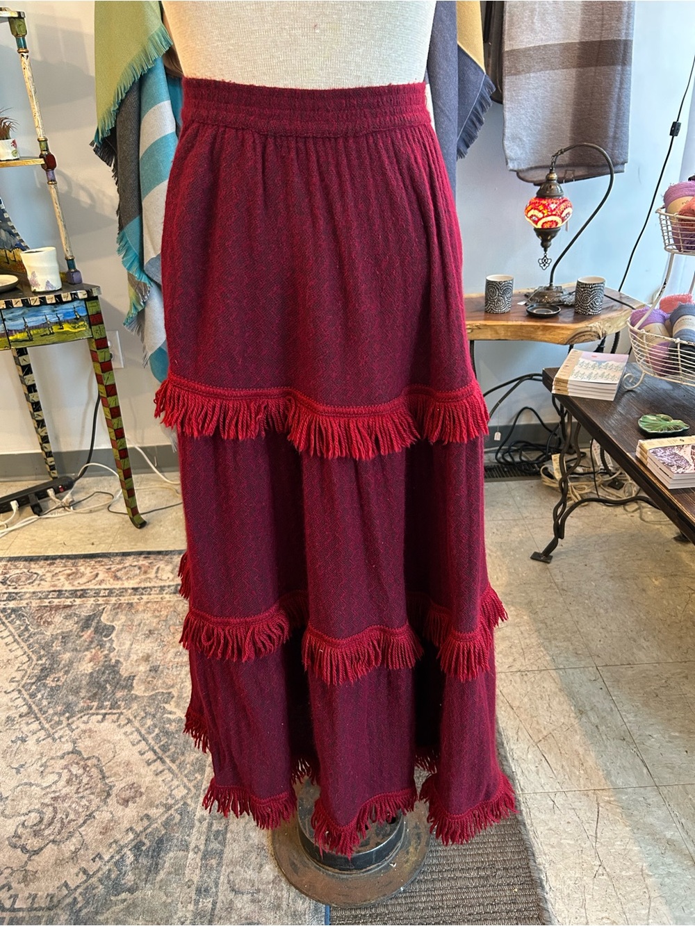 Yves Saint Laurent Vintage 1970-80s Burgundy Fringe Tiered Maxi Skirt - Picture 6 of 6